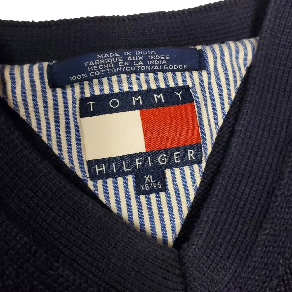 Vintage TOMMY HILFIGER Sweater Adult XL Blue Casual V-Neck Preppy Cotton 90s Y2K